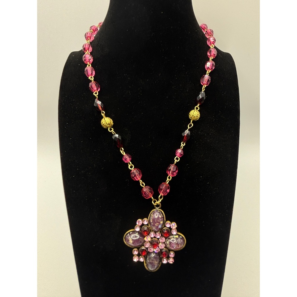 Sonoma Life + Style Pink Purple Beaded Cross Pendant Necklace Gold Tone 16"